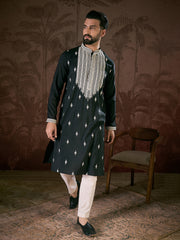 Ethnic Bay Men Black Silk Blend Solid Embroidered Straight Kurta-MKU1883