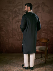 Ethnic Bay Men Black Silk Blend Solid Embroidered Straight Kurta-MKU1883
