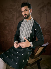 Ethnic Bay Men Black Silk Blend Solid Embroidered Straight Kurta-MKU1883