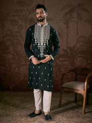 Ethnic Bay Men Black Silk Blend Solid Embroidered Straight Kurta-MKU1885