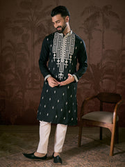 Ethnic Bay Men Black Silk Blend Solid Embroidered Straight Kurta-MKU1885