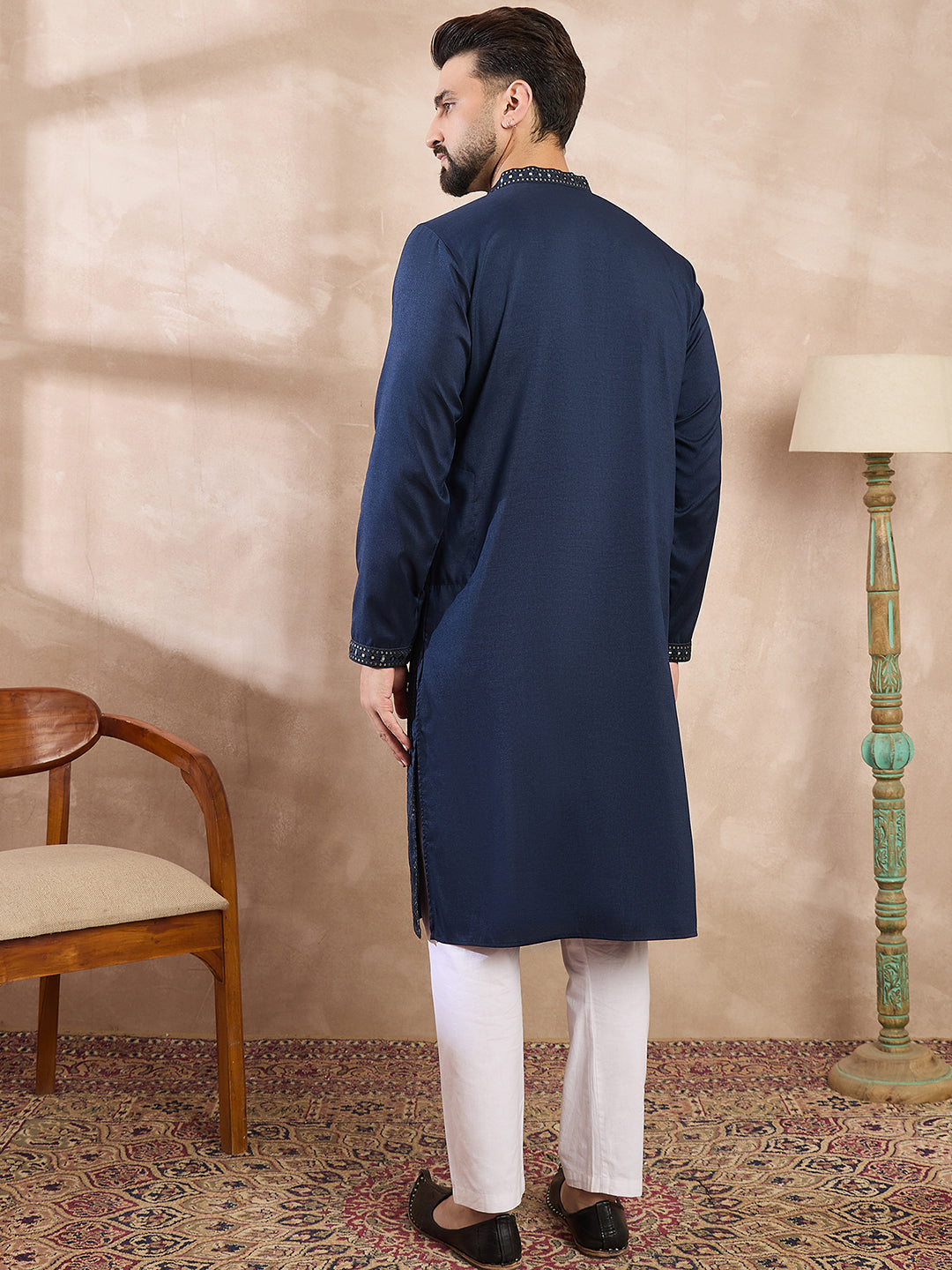 Ethnic Bay Men Blue Silk Blend Geometric Embroidered Straight Kurta