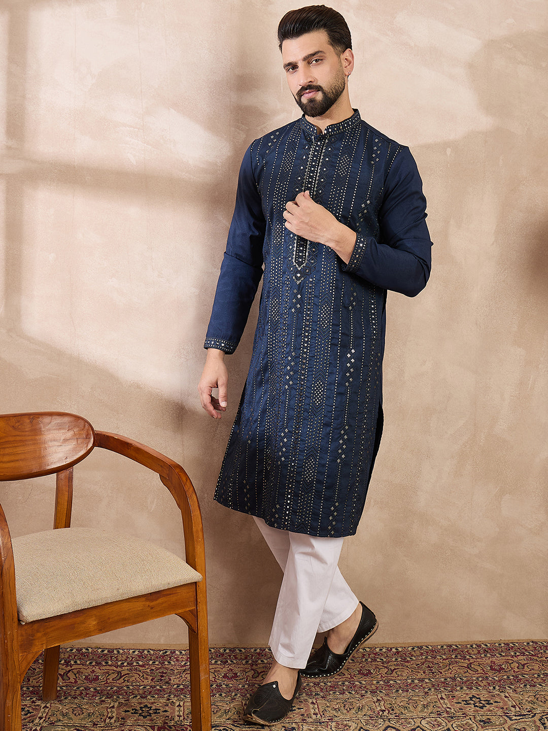 Ethnic Bay Men Blue Silk Blend Geometric Embroidered Straight Kurta