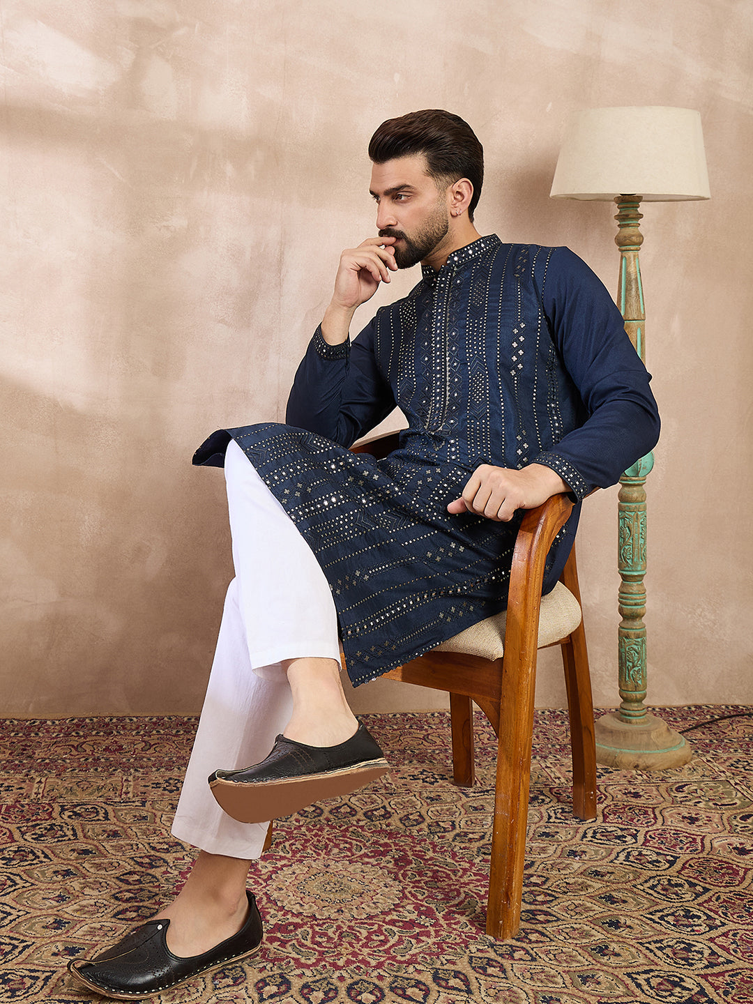 Ethnic Bay Men Blue Silk Blend Geometric Embroidered Straight Kurta
