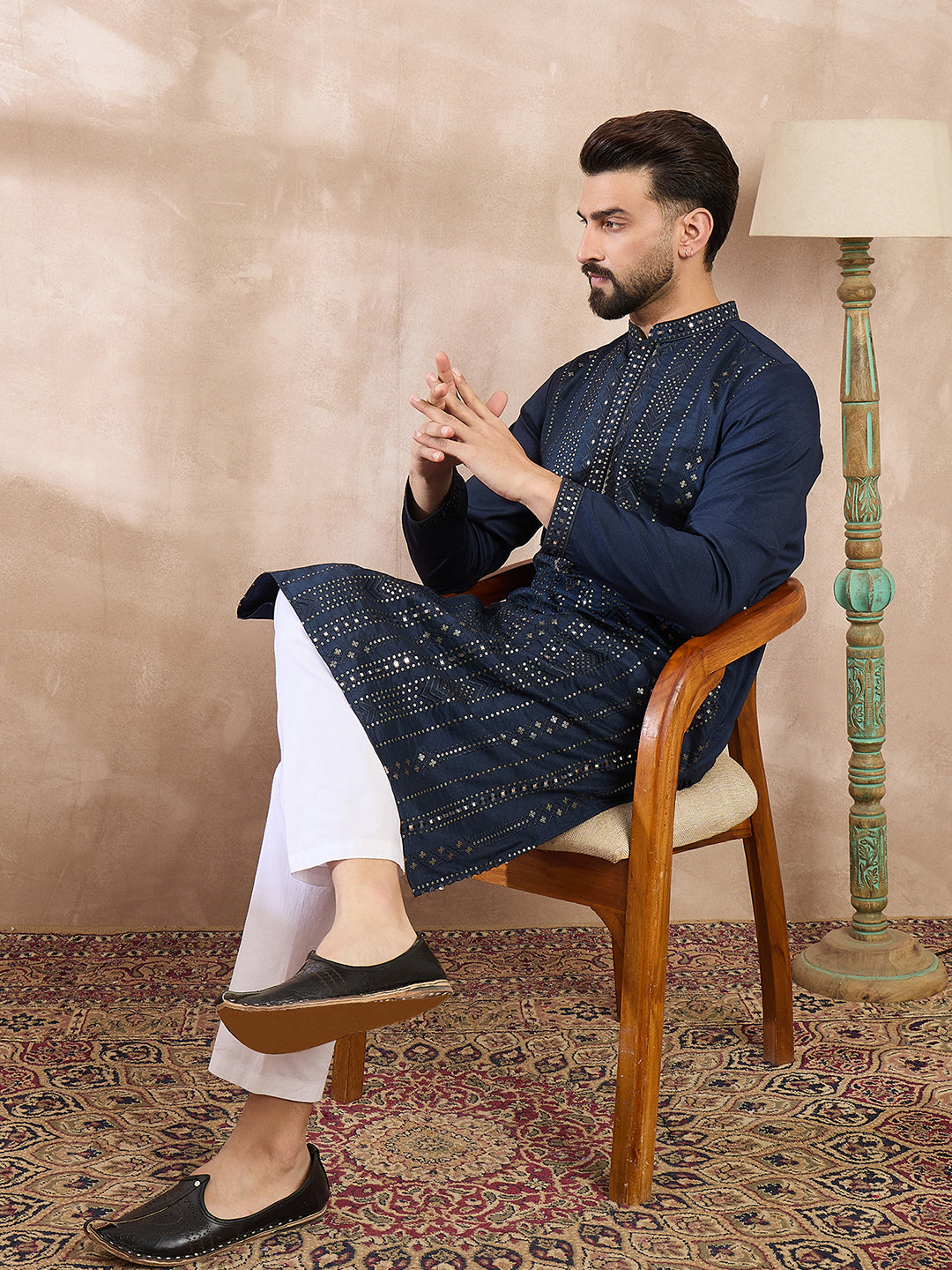 Ethnic Bay Men Blue Silk Blend Geometric Embroidered Straight Kurta