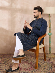 Ethnic Bay Men Blue Silk Blend Geometric Embroidered Straight Kurta-MKU1890