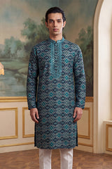 Sea Green Silk Blend Ethnic Motifs Ikat Printed Kurta MKU1893
