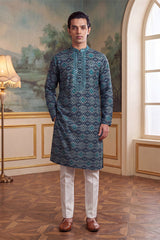 Sea Green Silk Blend Ethnic Motifs Ikat Printed Kurta MKU1893