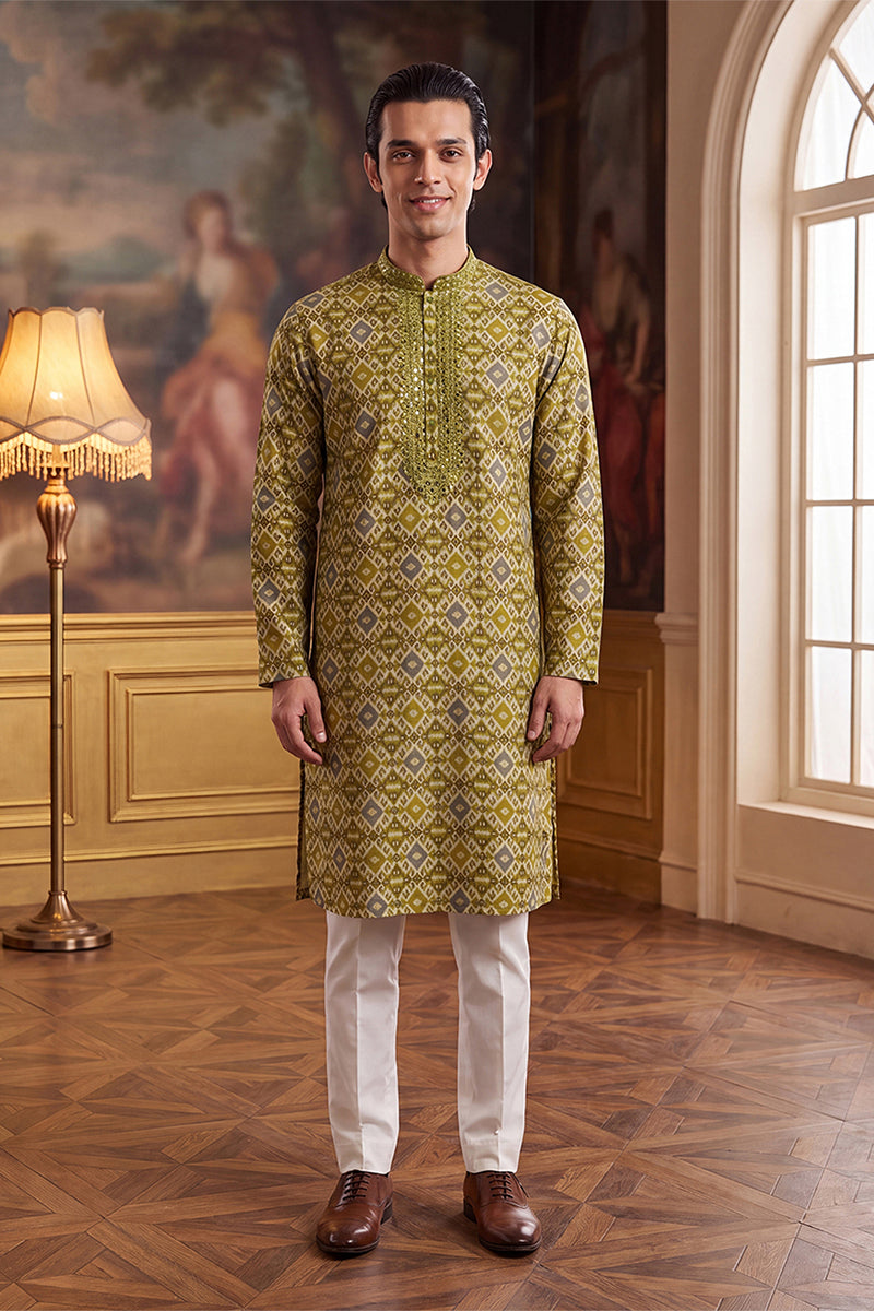 Green Silk Blend Ethnic Motifs Ikat Printed Kurta MKU1894