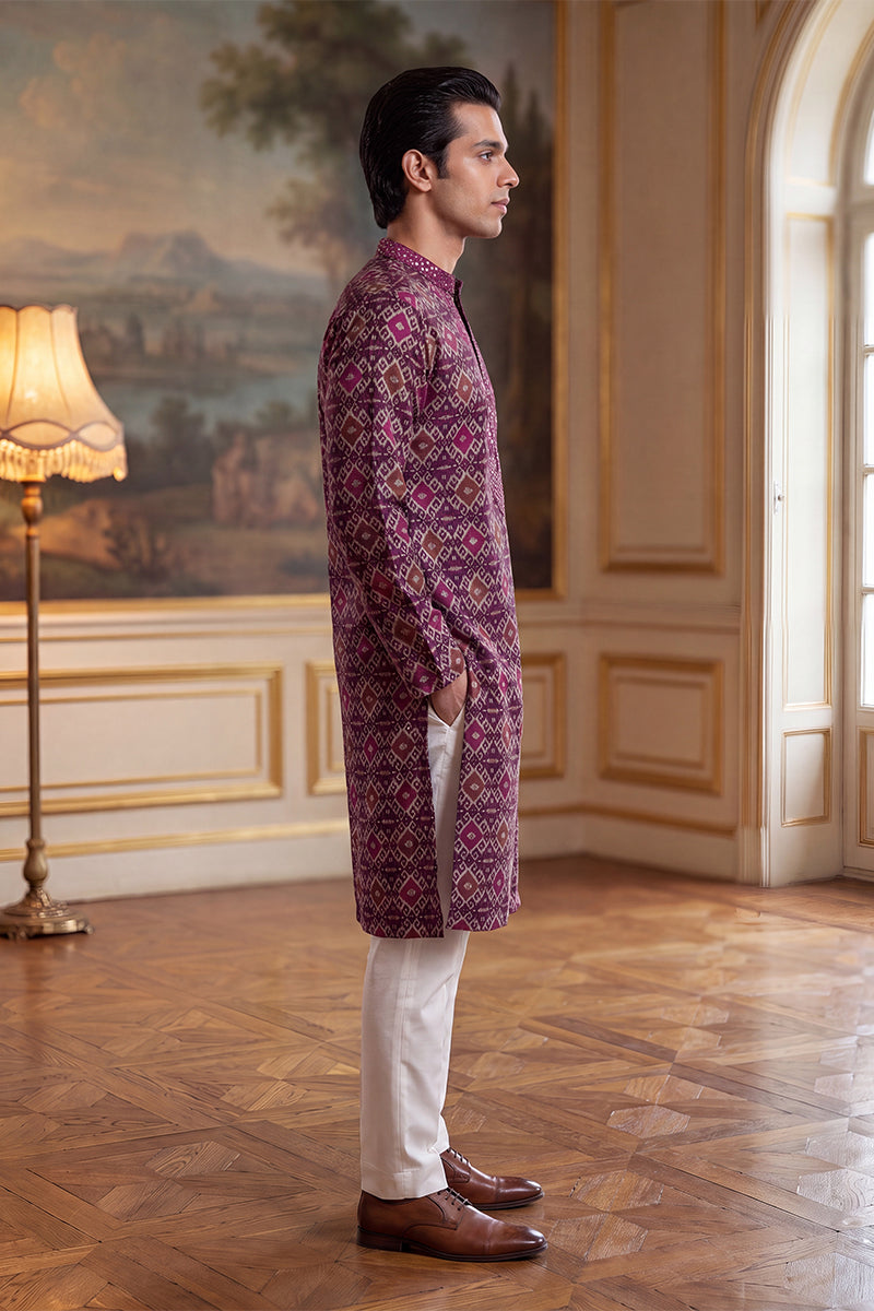 Purple Silk Blend Ethnic Motifs Ikat Printed Kurta With Trouser MKSET1895