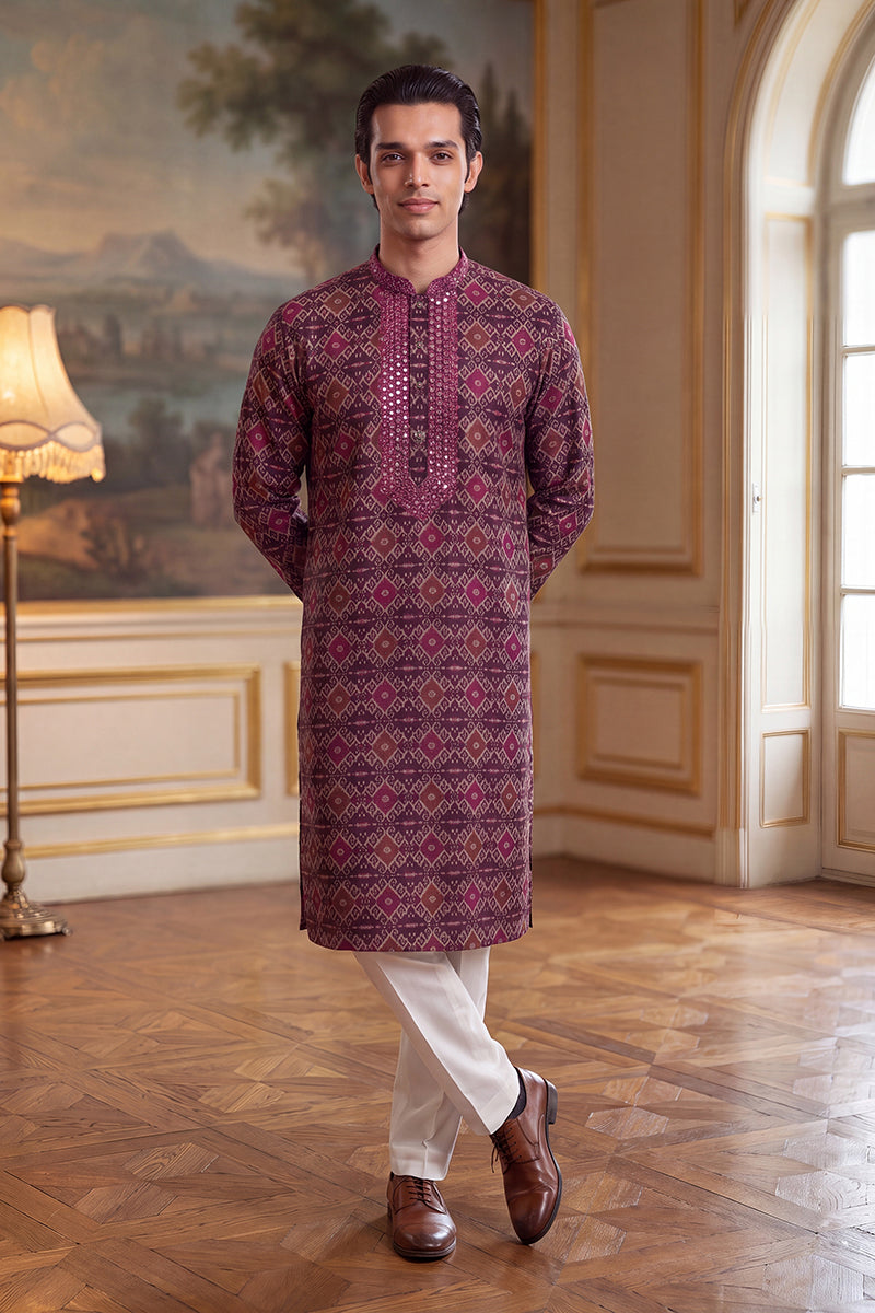 Purple Silk Blend Ethnic Motifs Ikat Printed Kurta MKU1895