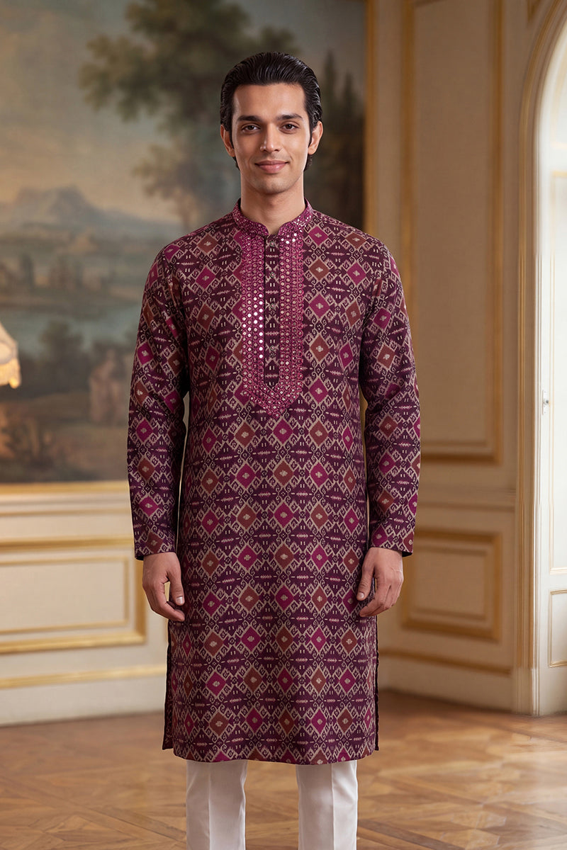 Purple Silk Blend Ethnic Motifs Ikat Printed Kurta MKU1895