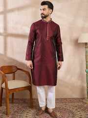Ethnic Bay Men Maroon Silk Blend Solid Woven Design Straight Kurta-MKU1896