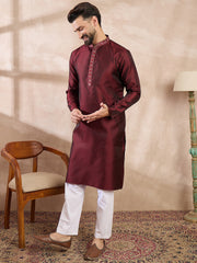 Ethnic Bay Men Maroon Silk Blend Solid Woven Design Straight Kurta-MKU1896