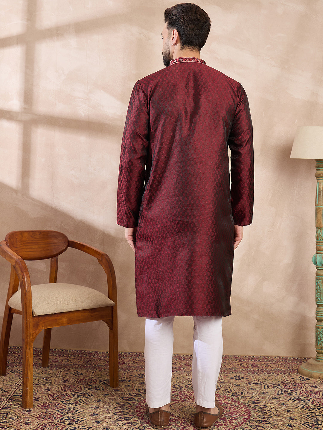 Ethnic Bay Men Maroon Silk Blend Solid Woven Design Straight Kurta