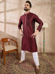 Ethnic Bay Men Maroon Silk Blend Solid Woven Design Straight Kurta-MKU1896
