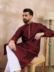 Ethnic Bay Men Maroon Silk Blend Solid Woven Design Straight Kurta-MKU1896