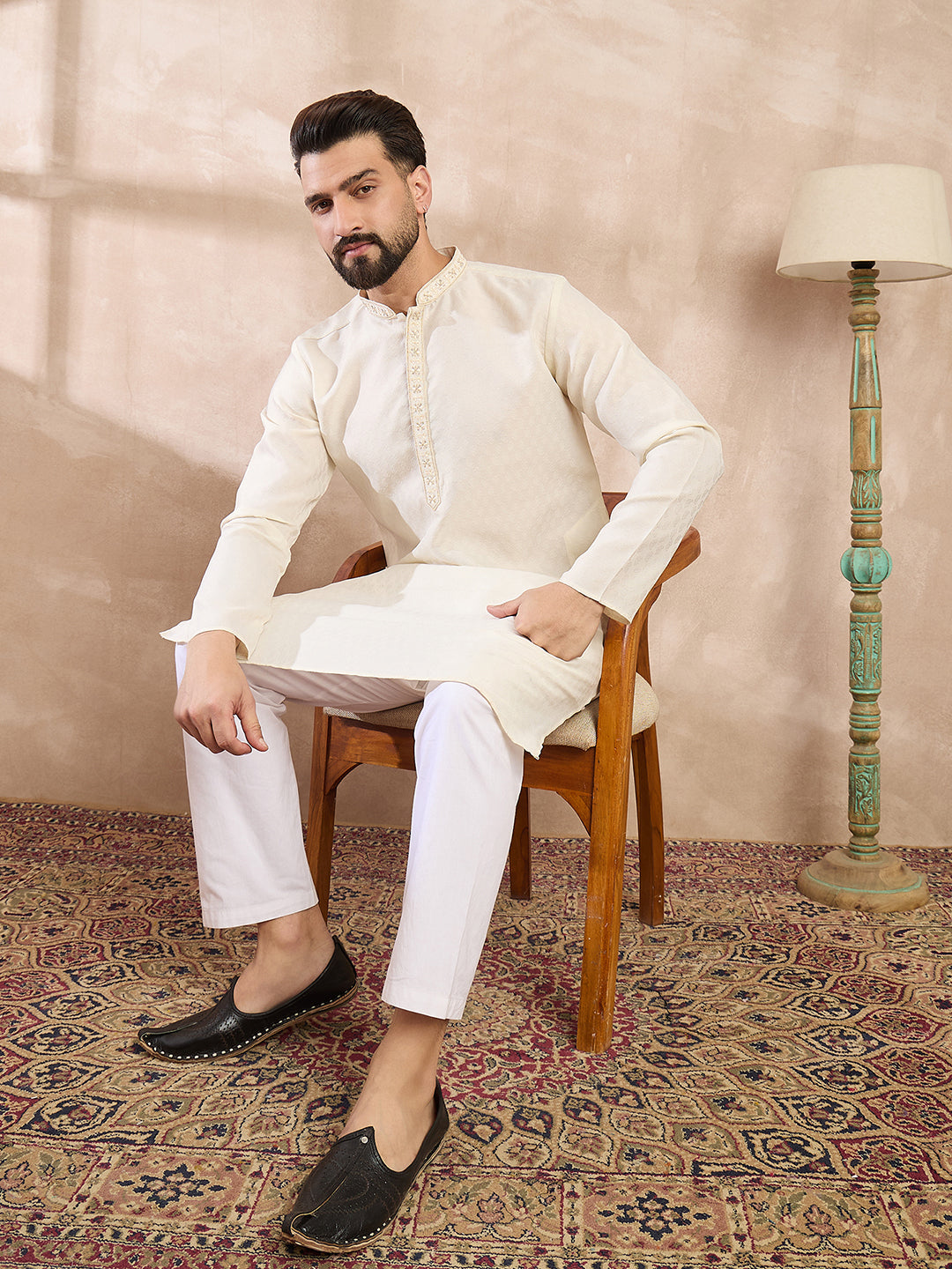 Ethnic Bay Men Off White Silk Blend Solid Woven Design Straight Kurta