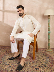 Ethnic Bay Men Off White Silk Blend Solid Woven Design Straight Kurta-MKU1897