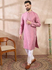Ethnic Bay Men Pink Silk Blend Solid Woven Design Straight Kurta-MKU1898