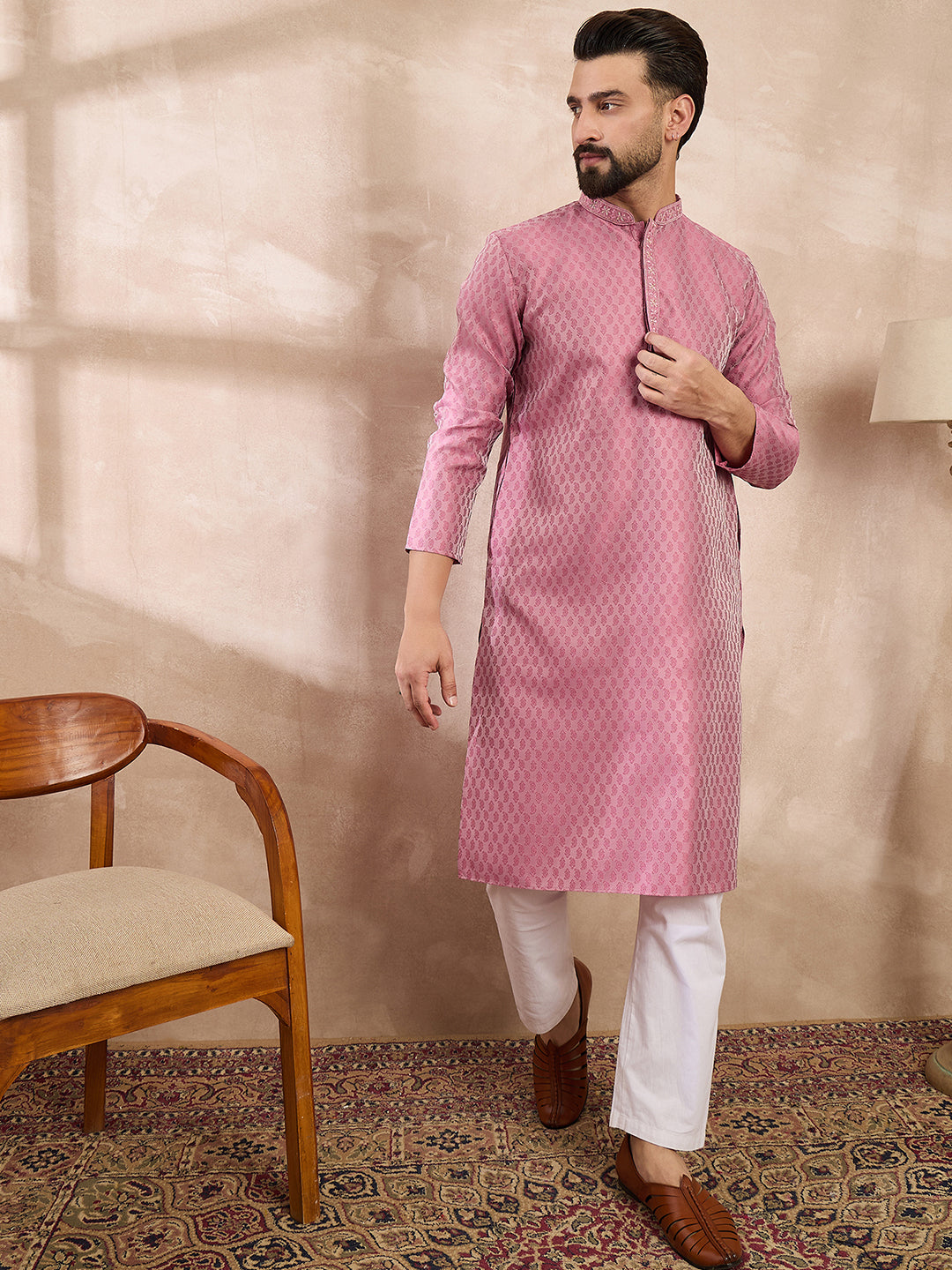 Ethnic Bay Men Pink Silk Blend Solid Woven Design Straight Kurta