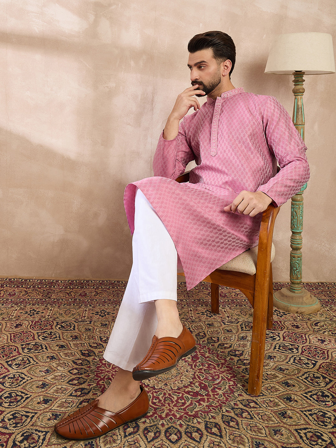 Ethnic Bay Men Pink Silk Blend Solid Woven Design Straight Kurta