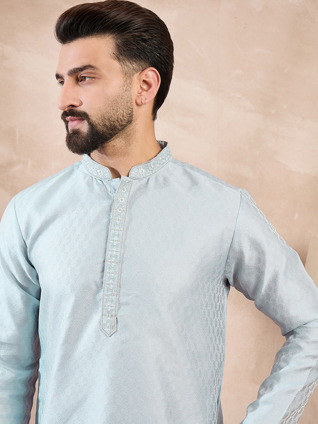 Ethnic Bay Men Blue Silk Blend Solid Woven Design Straight Kurta-MKU1899