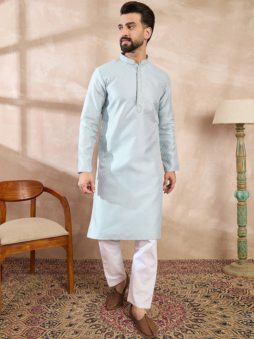 Ethnic Bay Men Blue Silk Blend Solid Woven Design Straight Kurta