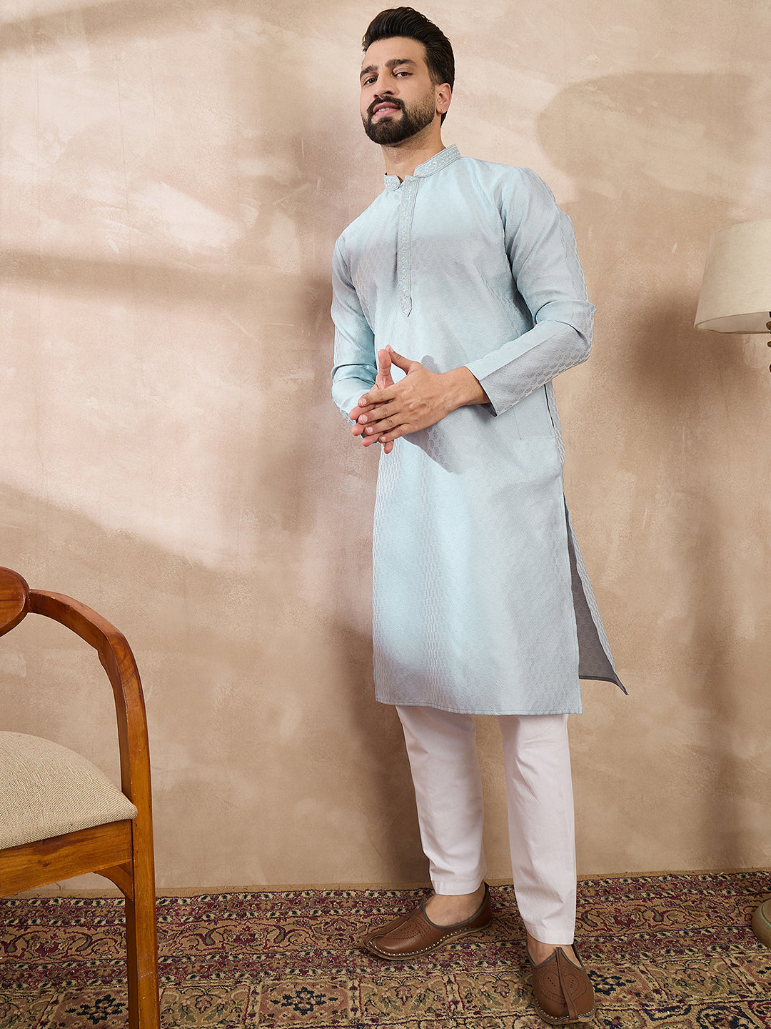 Ethnic Bay Men Blue Silk Blend Solid Woven Design Straight Kurta