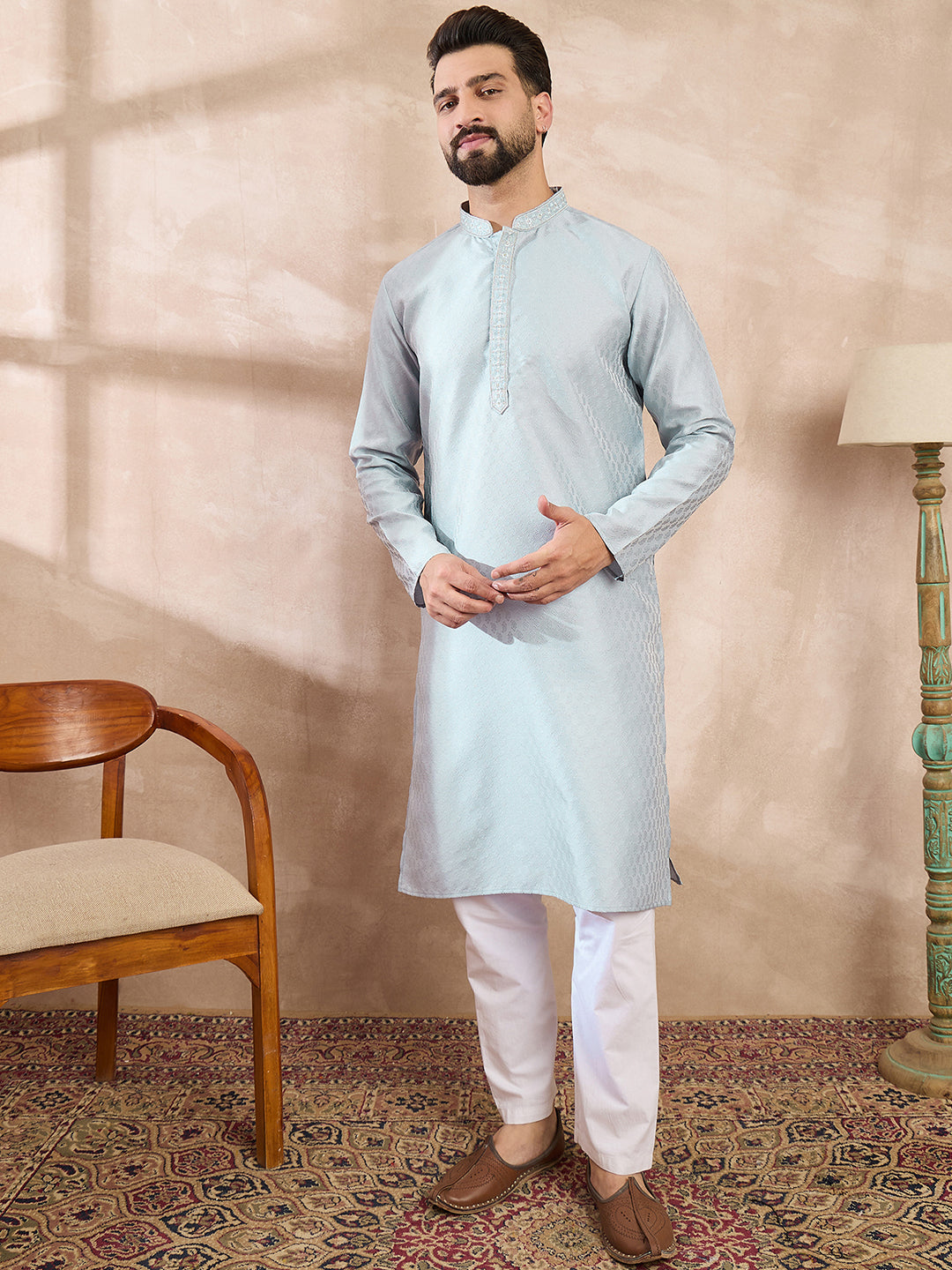 Ethnic Bay Men Blue Silk Blend Solid Woven Design Straight Kurta