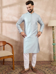 Ethnic Bay Men Blue Silk Blend Solid Woven Design Straight Kurta-MKU1899