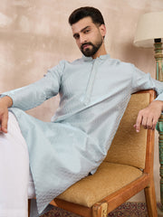 Ethnic Bay Men Blue Silk Blend Solid Woven Design Straight Kurta-MKU1899