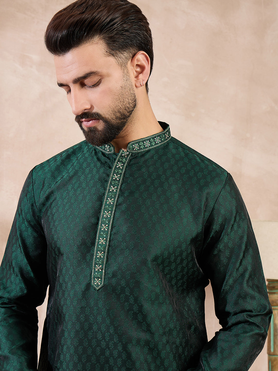 Ethnic Bay Men Green Silk Blend Solid Woven Design Straight Kurta