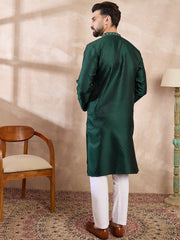 Ethnic Bay Men Green Silk Blend Solid Woven Design Straight Kurta-MKU1900