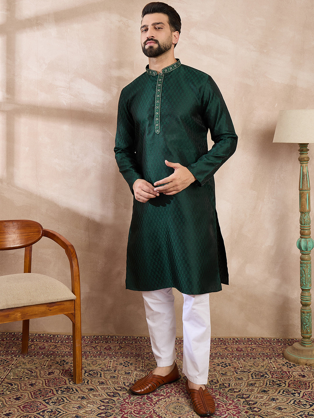 Ethnic Bay Men Green Silk Blend Solid Woven Design Straight Kurta