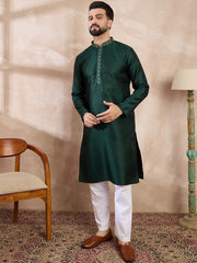 Ethnic Bay Men Green Silk Blend Solid Woven Design Straight Kurta-MKU1900