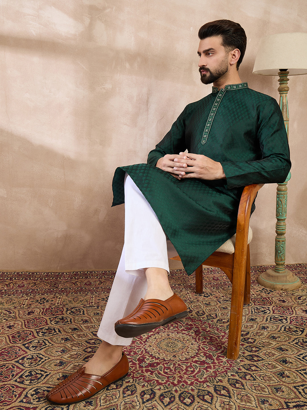 Ethnic Bay Men Green Silk Blend Solid Woven Design Straight Kurta