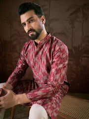 Ethnic Bay Men Maroon Silk Blend Chevron Printed Straight Kurta-MKU1904
