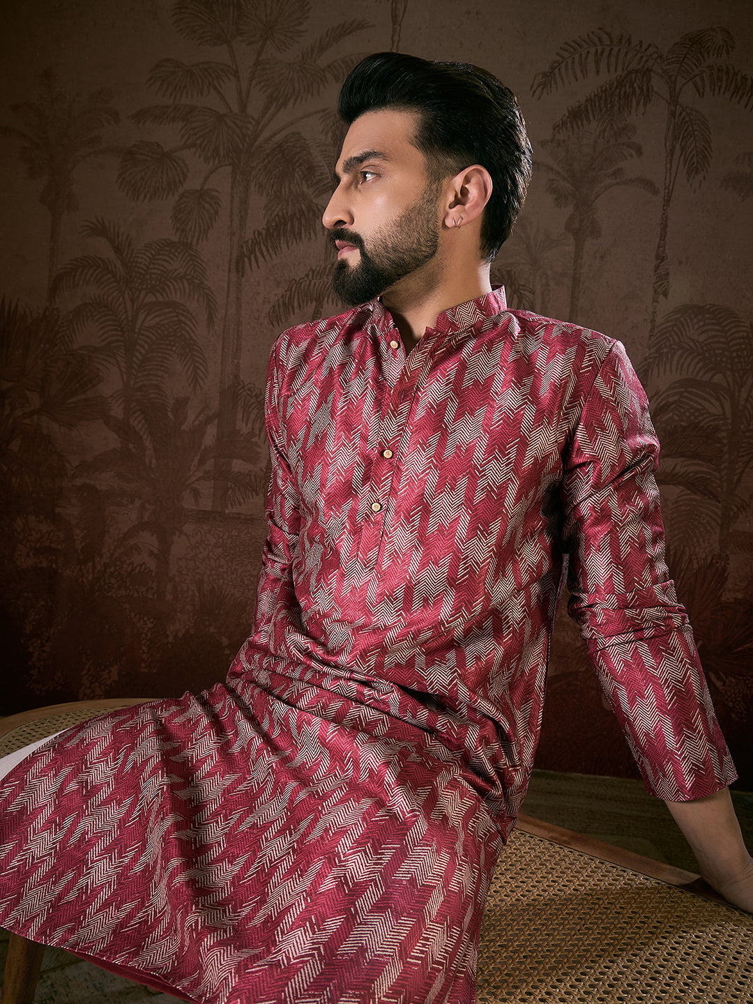 Ethnic Bay Men Maroon Silk Blend Chevron Printed Straight Kurta