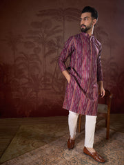Ethnic Bay Men Purple Silk Blend Striped Printed Straight Kurta-MKU1905