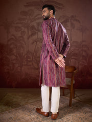 Ethnic Bay Men Purple Silk Blend Striped Printed Straight Kurta-MKU1905