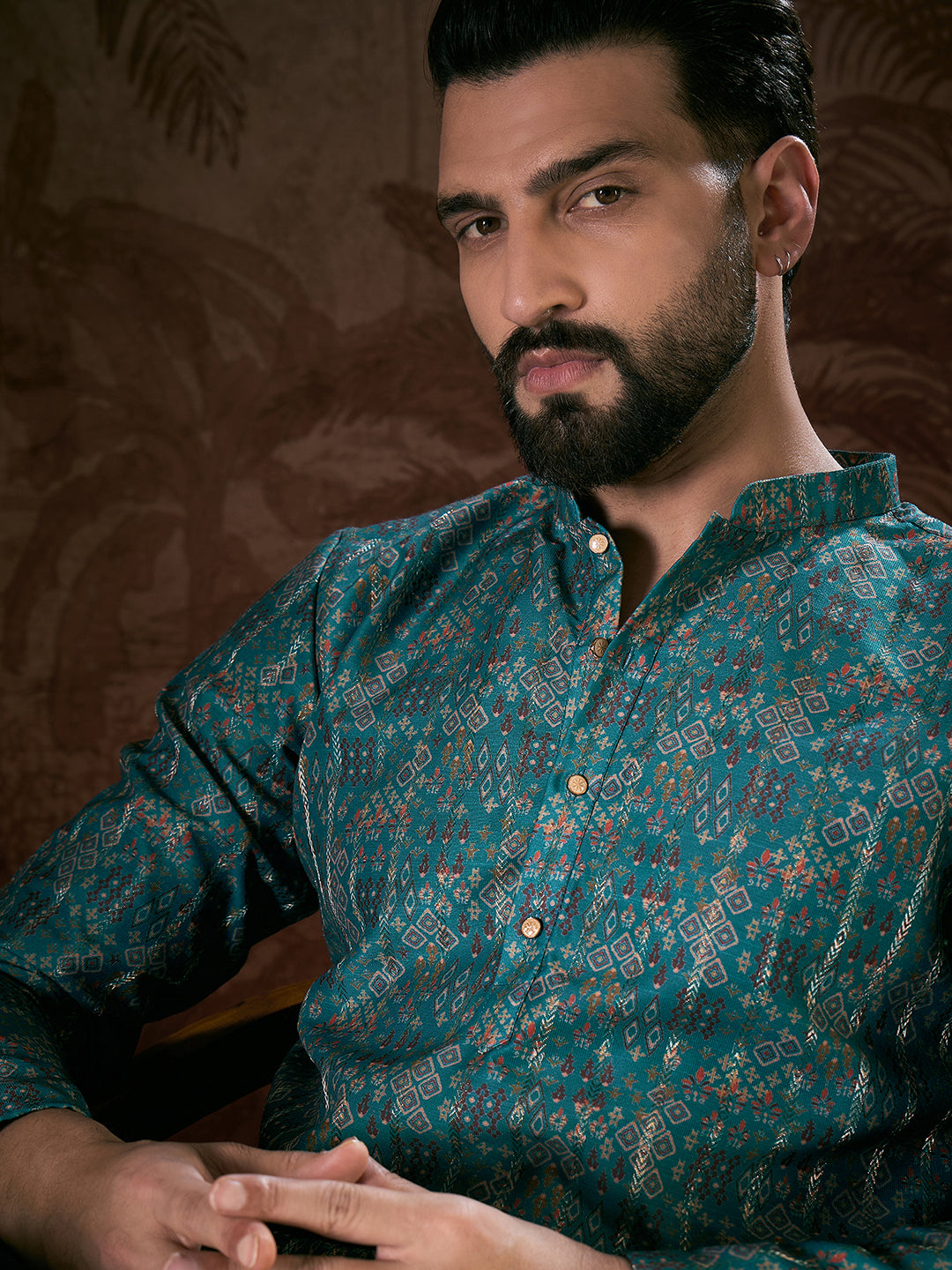 Ethnic Bay Men Blue Silk Blend Ethnic Motifs Printed Straight Kurta