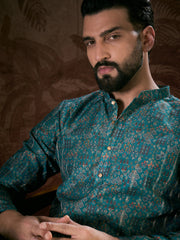 Ethnic Bay Men Blue Silk Blend Ethnic Motifs Printed Straight Kurta-MKU1906