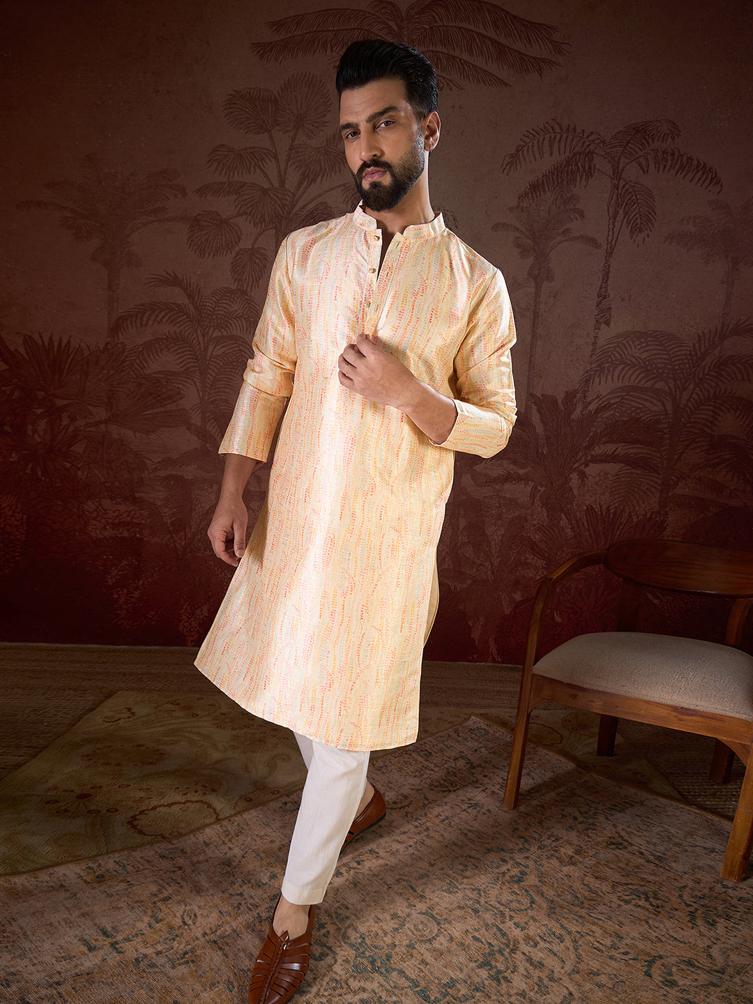 Ethnic Bay Men Cream Silk Blend Abstract Printed Straight Kurta