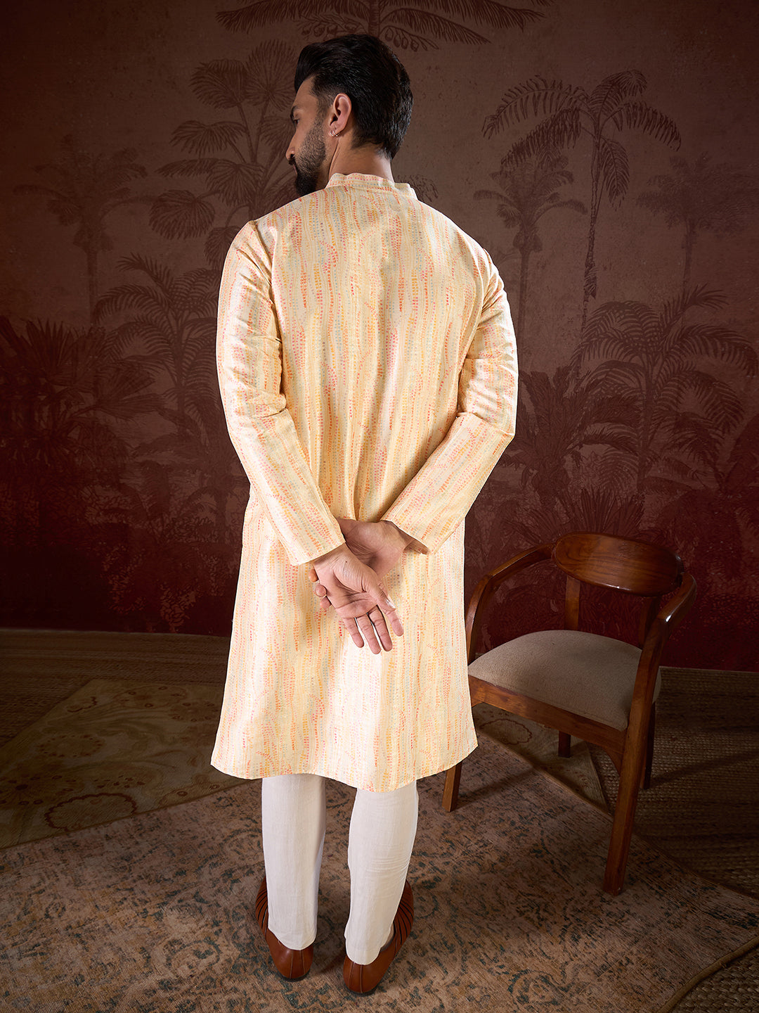 Ethnic Bay Men Cream Silk Blend Abstract Printed Straight Kurta