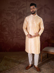 Ethnic Bay Men Cream Silk Blend Abstract Printed Straight Kurta-MKU1907