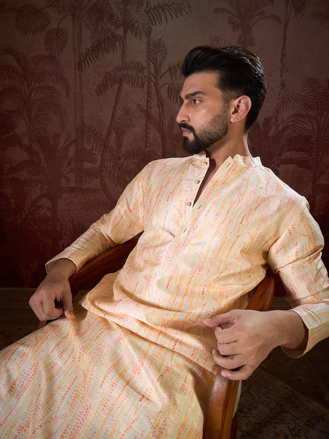 Ethnic Bay Men Cream Silk Blend Abstract Printed Straight Kurta
