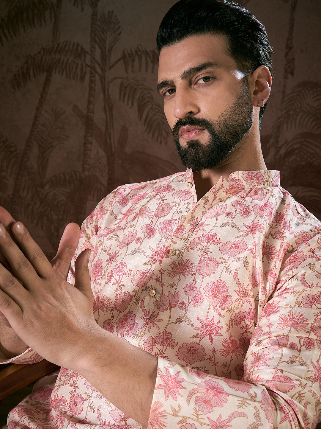 Ethnic Bay Men Off White Silk Blend Floral Printed Straight Kurta