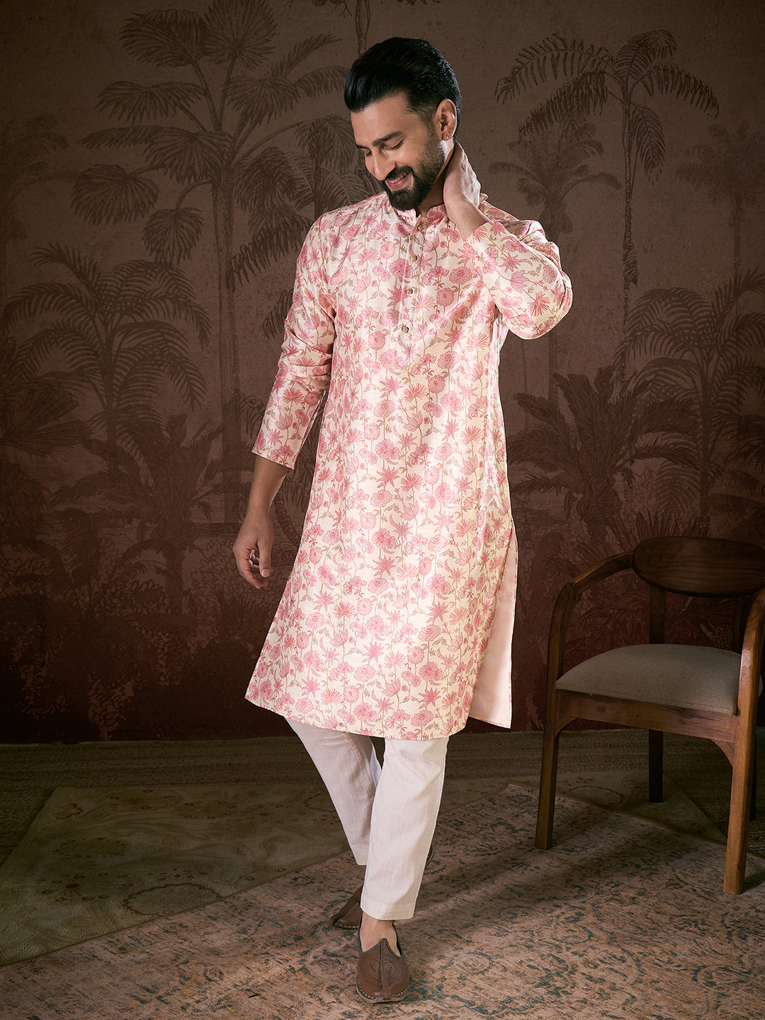 Ethnic Bay Men Off White Silk Blend Floral Printed Straight Kurta