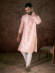 Ethnic Bay Men Off White Silk Blend Floral Printed Straight Kurta-MKU1908